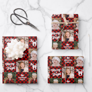 3 Photo Family Buffalo Plaid White Reindeer Wrapping Paper Sheet
