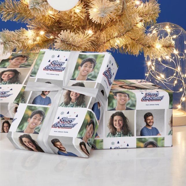 3 Photo Family Collage Retro Christmas Typography Wrapping Paper (Holidays)