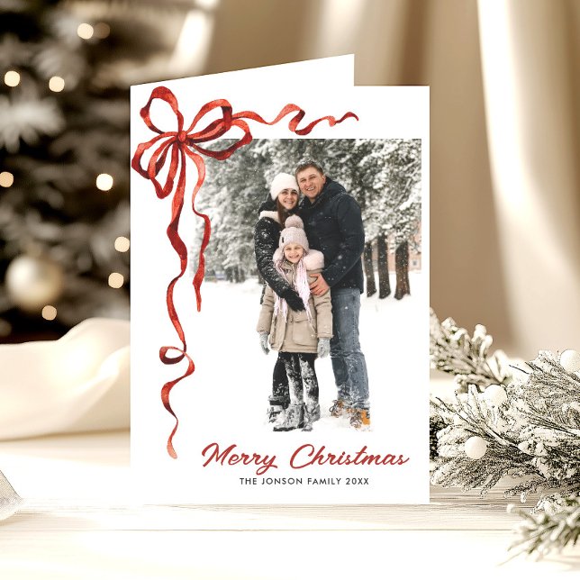 3 Photo Festive Christmas Boho Red Bow Ribbon Holiday Card (Creator Uploaded)