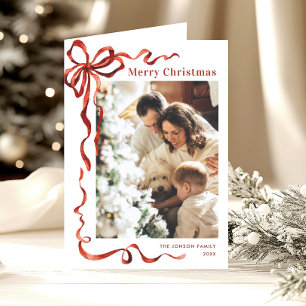 3 Photo Festive Christmas Boho Red Bow Ribbon Holiday Card