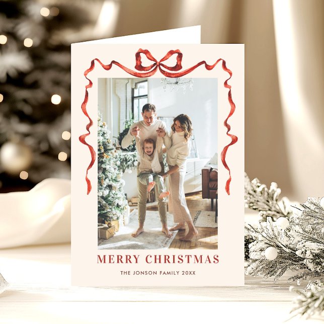 3 Photo Festive Christmas Boho Red Bow Ribbon Holiday Card (Creator Uploaded)
