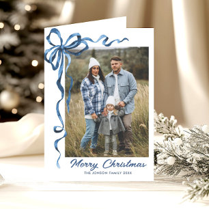3 Photo Festive Dusty Blue Christmas Bow Ribbon Holiday Card