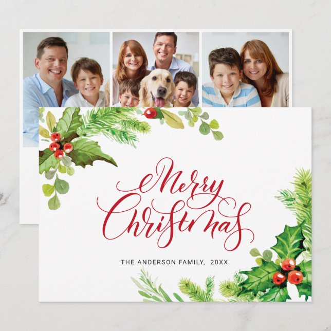 3 PHOTO Festive Holly Berry Christmas Greeting Holiday Card (Front/Back)