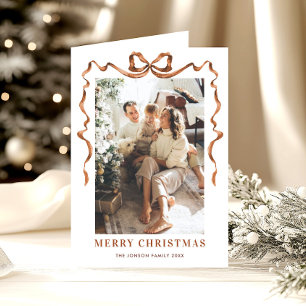 3 Photo Festive Merry Christmas Boho Bow Ribbon Holiday Card