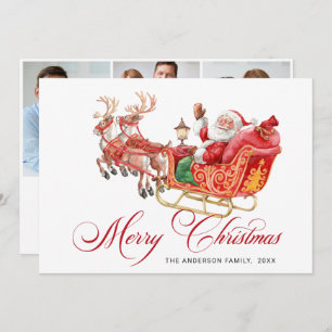 3 PHOTO Festive Santa Sleigh Christmas Greeting Holiday Card
