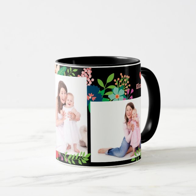 3 Photo Floral Mother's Day Black Coffee Mug (Front Right)