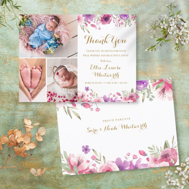 3 Photo Floral Script Thank You Baby Birth Announcement Postcard (3 Photo Floral Script Thank You Baby Birth Announcement Postcard)