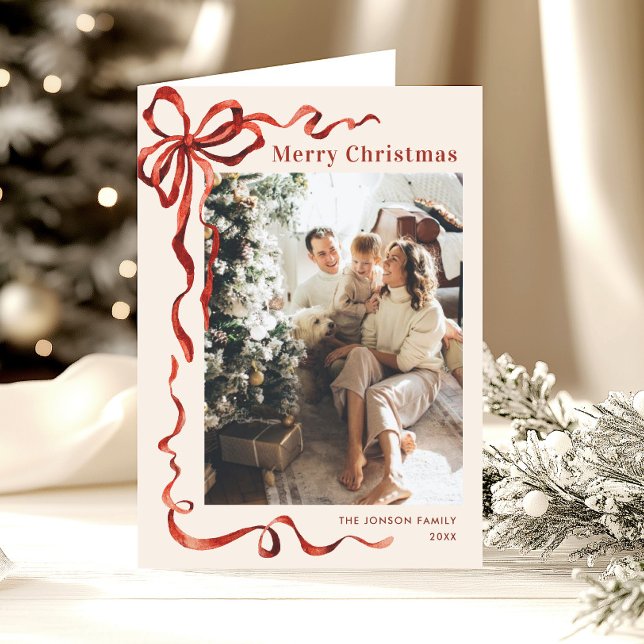 3 Photo Funky Christmas Boho Red Bow Ribbon Holiday Card (Creator Uploaded)