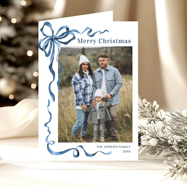 3 Photo Funky Dusty Blue Christmas Bow Ribbon Holiday Card (Creator Uploaded)