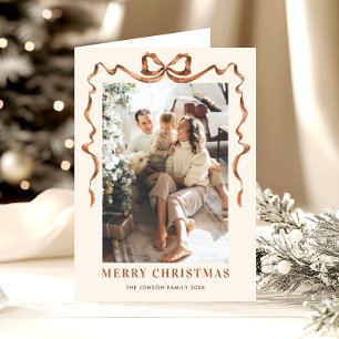 3 Photo Funky Merry Christmas Boho Bow Ribbon Holiday Card