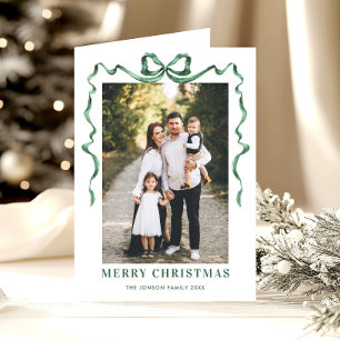 3 Photo Funky Sage Green Christmas Bow Ribbon Holiday Card