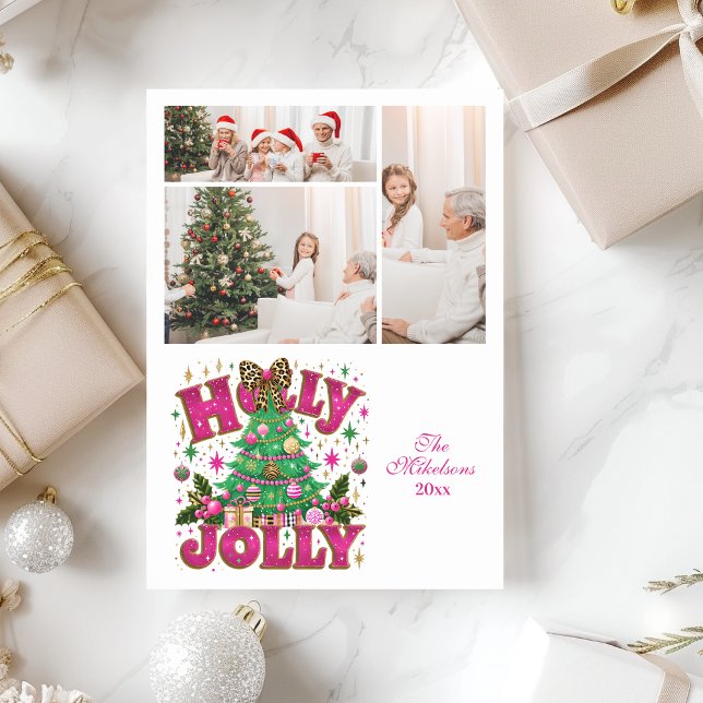 3 Photo Glitter Leopard Bow Holly Jolly Holiday Card (Creator Uploaded)