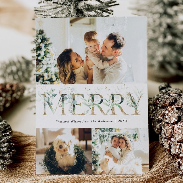 3 Photo Gold & Greenery Merry Christmas Holiday Card (Creator Uploaded)
