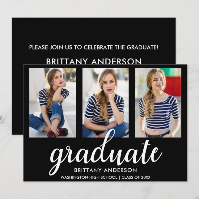 3 Photo Gold Modern Graduation Party Invite BW (Front/Back)