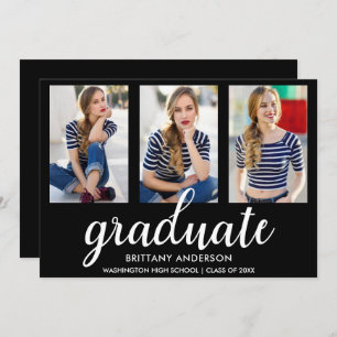 3 Photo Gold Modern Graduation Party Invite BW