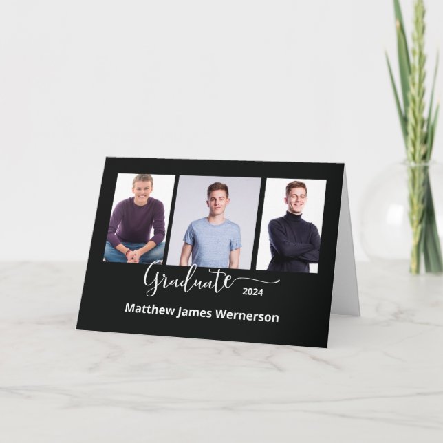 3 Photo Graduation Announcement Black White (Front)