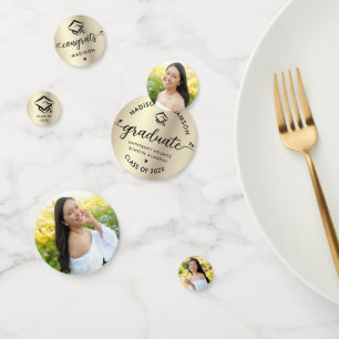 3 Photo Graduation Black Gold Modern Script Cap Confetti