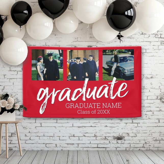 3 Photo Graduation - Modern Graduate Script Red Banner (Custom Graduation Banner for a Grad Party or Open House)