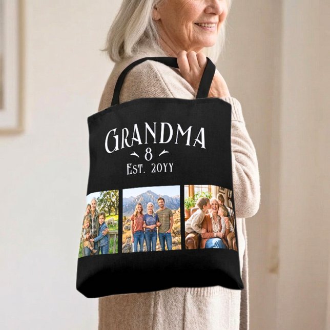 3 Photo Grandma Est Year Custom Name Number Grands Tote Bag (Creator Uploaded)