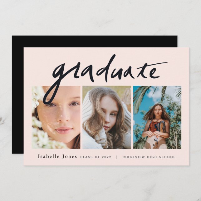 3 Photo Handwritten Script Pink Graduation Invitation (Front/Back)