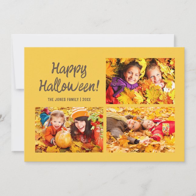3 Photo Happy Halloween Yellow Orange Pumpkin Card (Front)