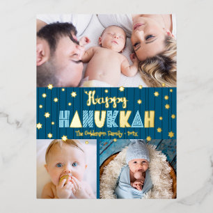 3 Photo Happy Hanukkah Modern Teal Blue Real Gold  Foil Holiday Postcard