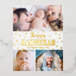 3 Photo Happy Hanukkah Modern Whimsical Real Gold  Foil Holiday Postcard<br><div class="desc">“Happy Hanukkah.” Fun, playful, whimsical handcrafted real gold foil typography and a random Star of David pattern overlay a clean, white background. Add 3 photos of your choice to help usher in Hanukkah with this stunning, colourful, personalised real gold foil greeting postcard. Your custom note, typed or handwritten, is on...</div>