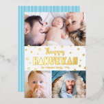 3 Photo Happy Hanukkah Whimsical Modern Real Gold<br><div class="desc">“Happy Hanukkah.” Fun, playful, whimsical handcrafted real gold foil typography and a random Star of David pattern overlay a clean, white background. Add 3 photos of your choice to help usher in Hanukkah with this stunning, colourful, personalised real gold foil greeting card. Hand drawn white lines overlay a light turquoise...</div>