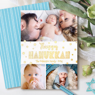 3 Photo Happy Hanukkah Whimsical Modern Real Gold