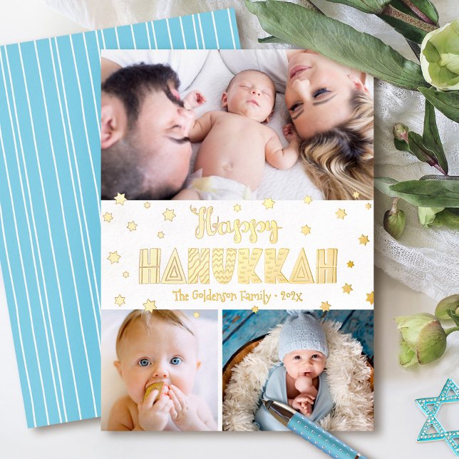 3 Photo Happy Hanukkah Whimsical Modern Real Gold (Creator Uploaded)