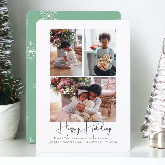 3 Photo Happy Holidays Christmas Holiday Card (3 Photo Happy Holidays Christmas Holiday Cards from Ricaso. Snowflake green and white pattern )