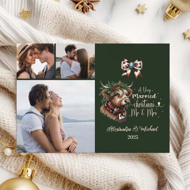 3 Photo Highland Cow Merry Christmas Mrs and Mr Holiday Card (Creator Uploaded)