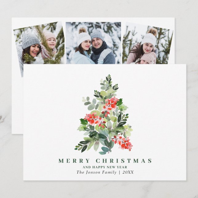 3 PHOTO Holly Berry Christmas Tree Greeting Holida Holiday Card (Front/Back)