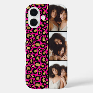 3 Photo Hot Pink And Gold Leopard Print iPhone 16 Case