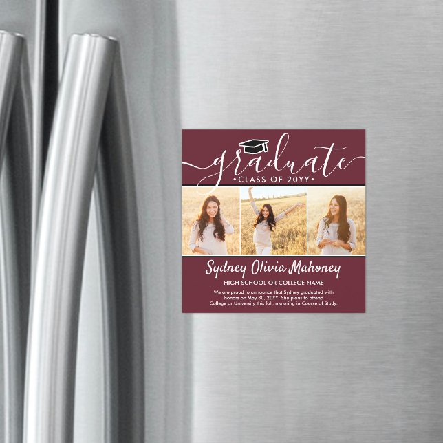 3 Photo Maroon Magnetic Graduation Announcement (Creator Uploaded)