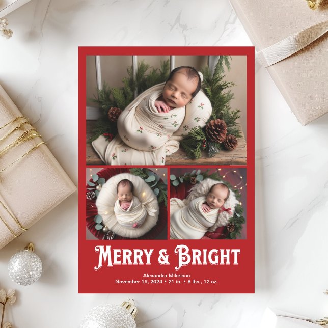 3 Photo Merry and Bright Birth Announcement (Creator Uploaded)