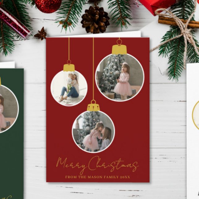 3 photo Merry Christmas bauble Photo Card (Creator Uploaded)