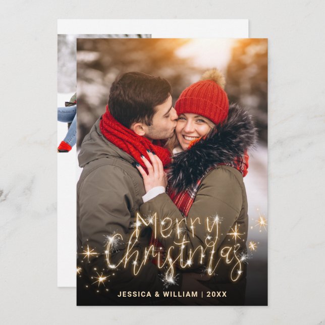 3 PHOTO Merry Christmas Gold Sparkle Greeting Holiday Card (Front/Back)