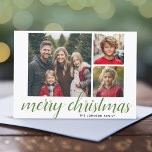 3 Photo Merry Christmas Script Green Damask Holiday Card<br><div class="desc">Use three square photos and make a unique and trendy Merry Christmas greeting with an elegant pattern on the back. The greeting is shown in a modern, bounce calligraphy that can be changed to meet your favourite saying. If you need to move anything around, click on the customise button to...</div>
