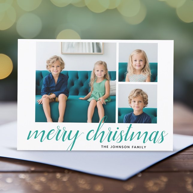3 Photo Merry Christmas Script Teal Damask Holiday Card (3 Photo Online Christmas Card - Modern, Simple Design)