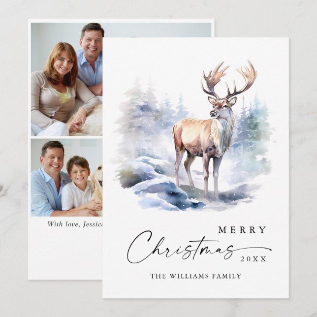 3 PHOTO Minimalist Elegant Deer Christmas Holiday Card (Front/Back)