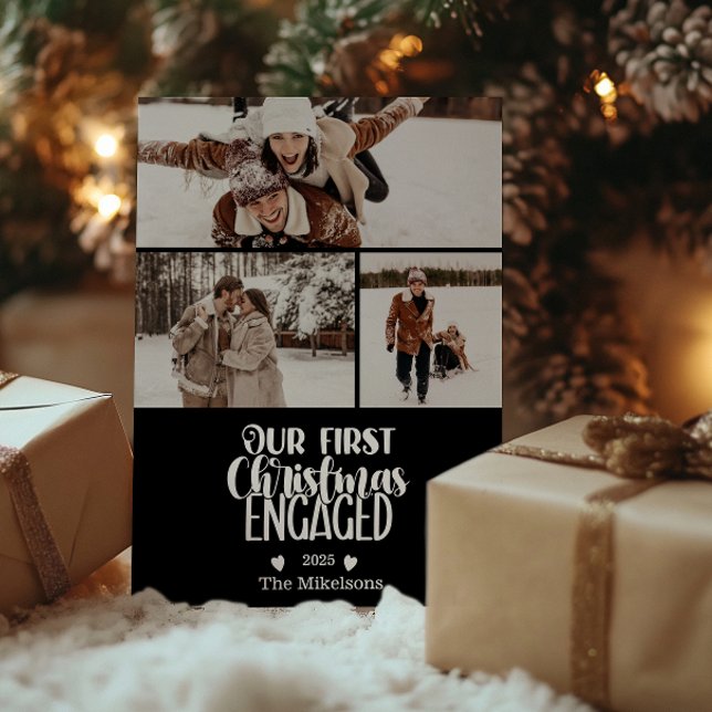 3 Photo Minimalist First Christmas Engaged Holiday Card (Creator Uploaded)