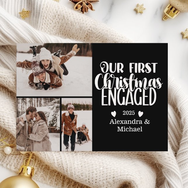 3 Photo Minimalist First Christmas Engaged Holiday Card (Creator Uploaded)