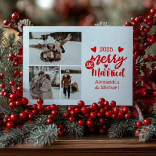 3 Photo Minimialist Merry and Married  Holiday Card