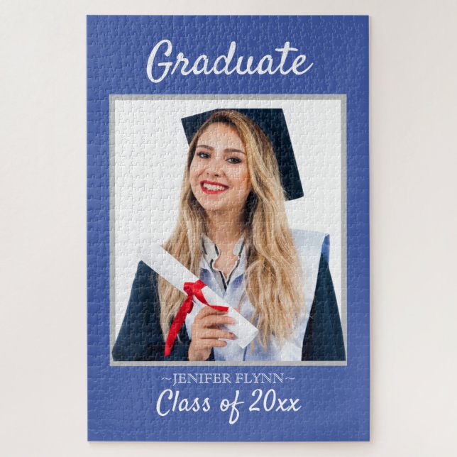 3 Photo Modern Classy Navy Graduation Announcement Jigsaw Puzzle (Vertical)