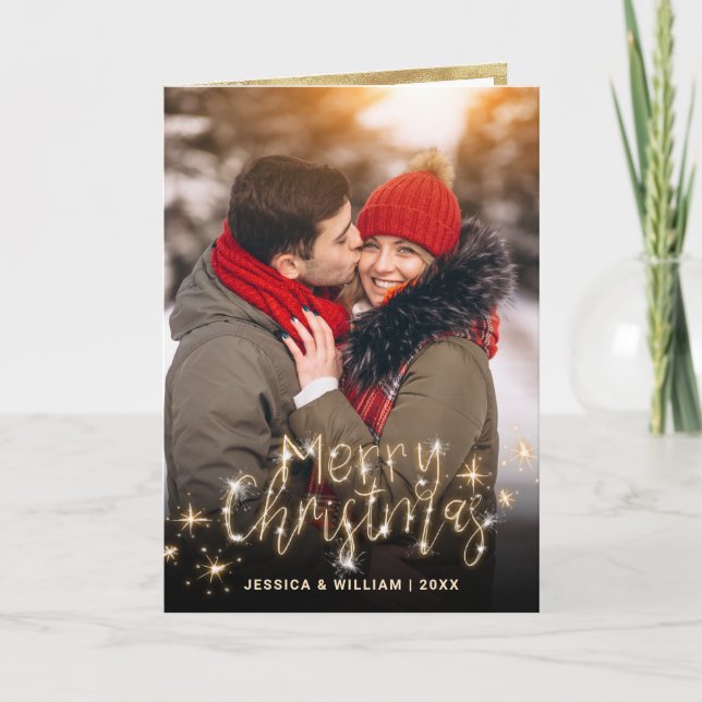 3 PHOTO Modern Golden Christmas Greeting Holiday Card (Front)