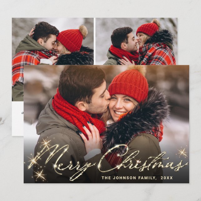 3 PHOTO Modern Golden Christmas Greeting Holiday Card (Front/Back)