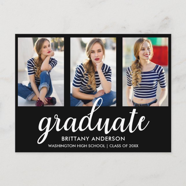 3 Photo Modern Graduation Party Invite BW (Front)