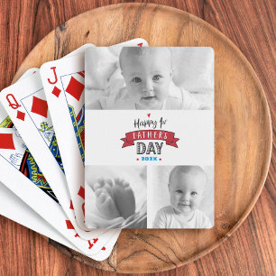 3 Photo Modern Happy 1st Father’s Day Red Heart Playing Cards