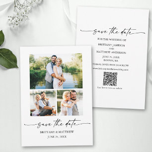 3 Photo Modern Minimalist Ink Script QR Code Save The Date